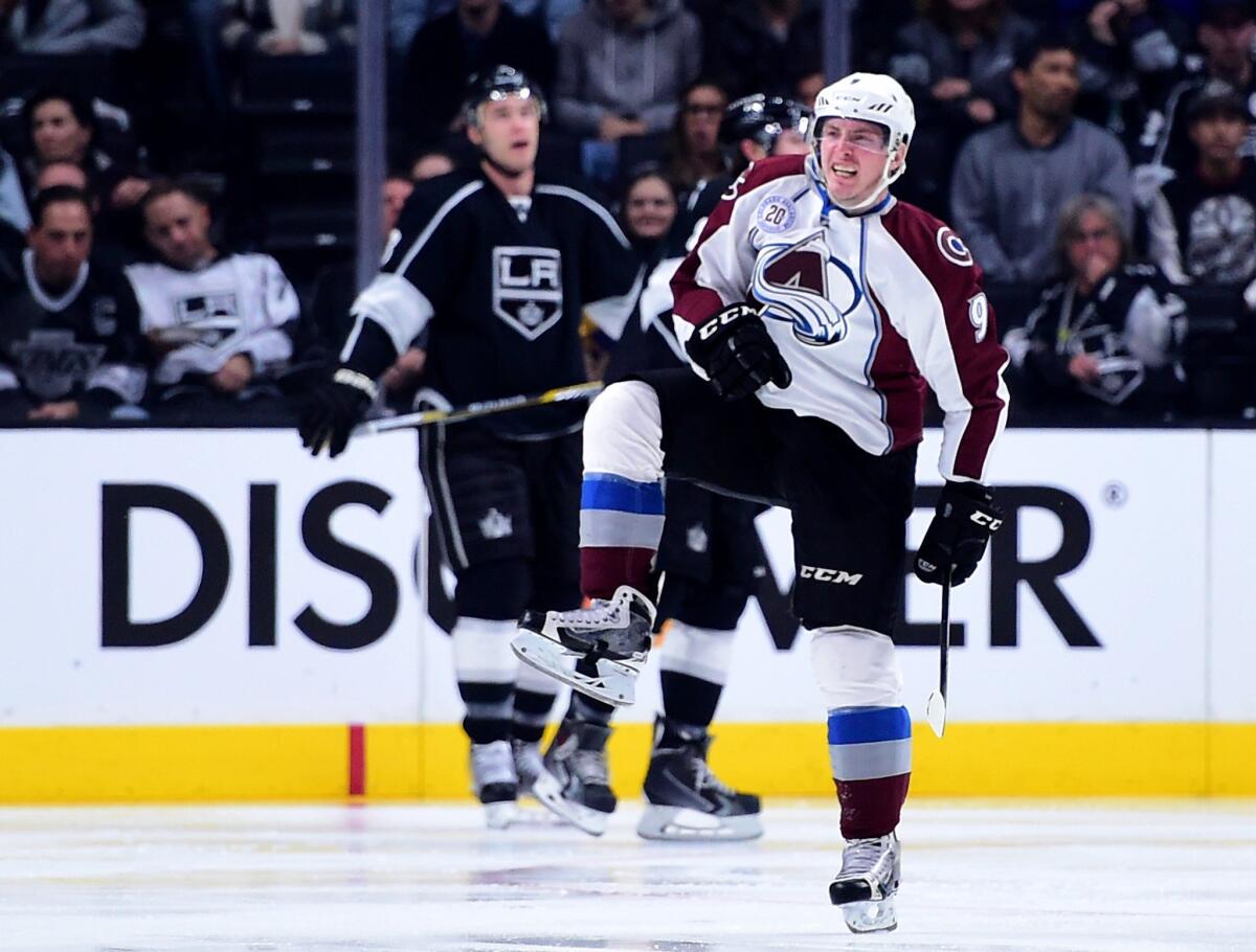 Avalanche center Matt Duchene celebrates his goal against the Kings to tie the score, 2-2, during the second period.