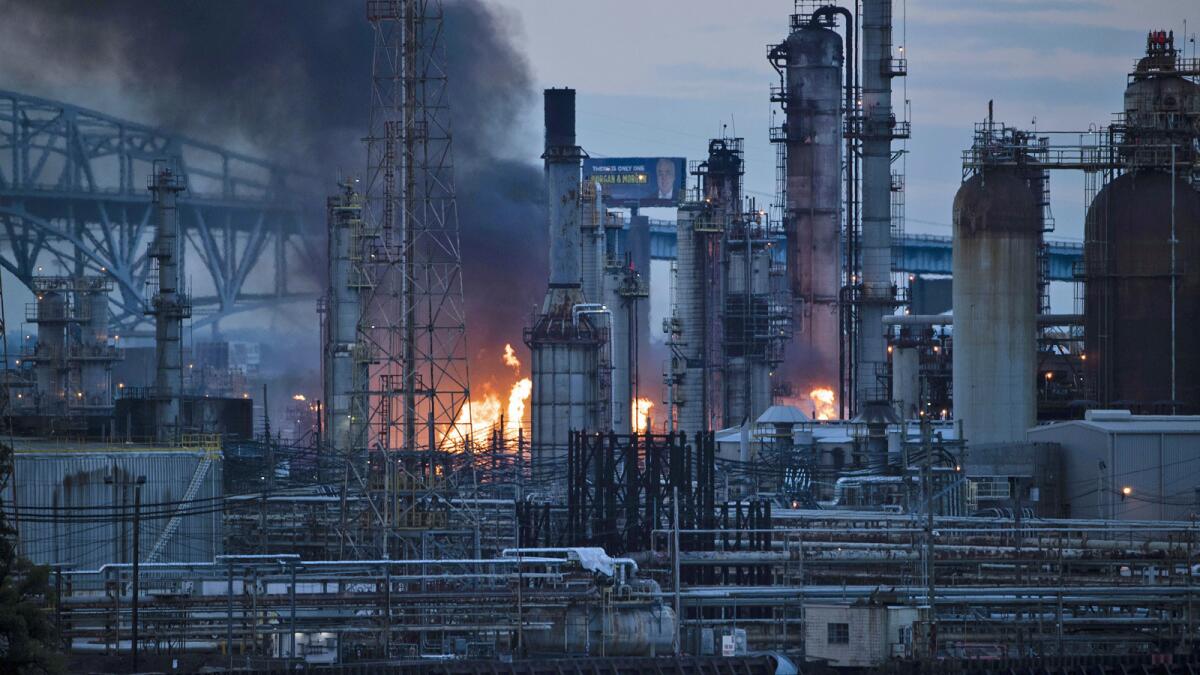 A fire rages Friday at the Philadelphia Energy Solutions Refining Complex.