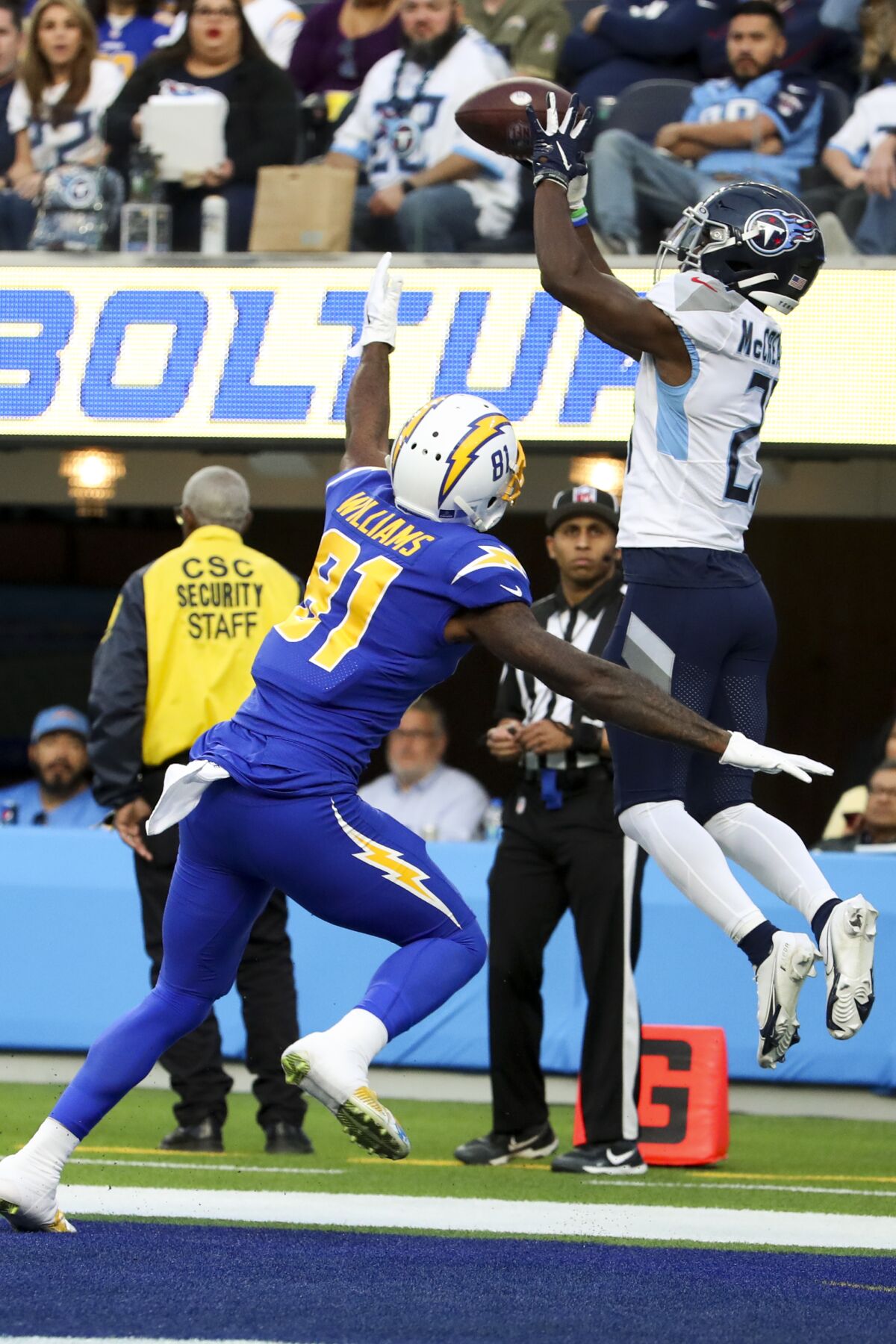 Roger McCreary laterals this pass intended for the Chargers Mike Williams to Joshua Kalu for a Titans interception.