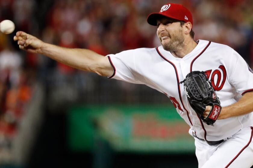 FILE - In this Thursday, Oct. 12, 2017, file photo, Washington Nationals relief pitcher Max Scherzer (31) throws during the fifth inning in Game 5 of baseball's National League Division Series against the Chicago Cubs, at Nationals Park in Washington. When a starter is called in to pitch in relief, his routine can be a lot different, and perhaps more importantly, he's often working on short rest. So far in this postseason, the results have been decidedly mixed. (AP Photo/Alex Brandon, File)