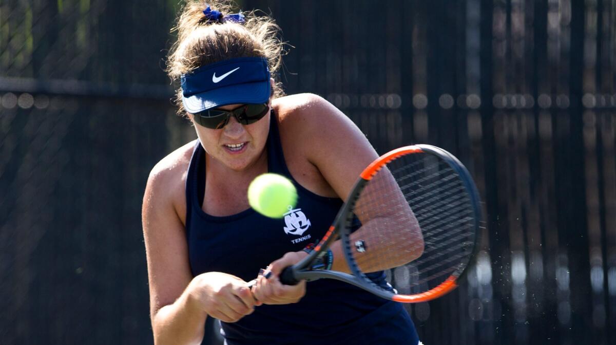 Nicole Knickerbocker, shown in action during Thursday's Battle of the Bay match, is 16-1 in singles this season for Newport Harbor.