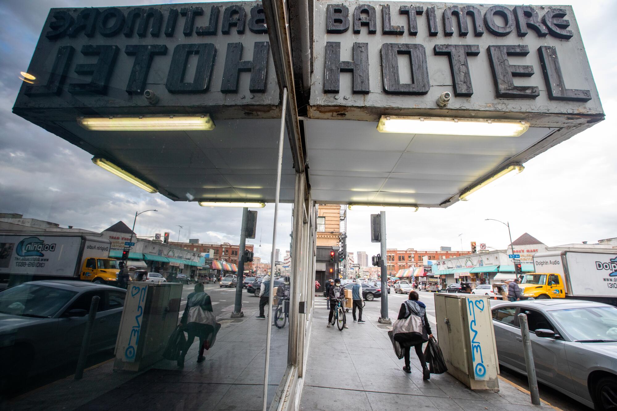 The Baltimore Hotel is shown at 5th Street and Los Angeles Street in Los Angeles.