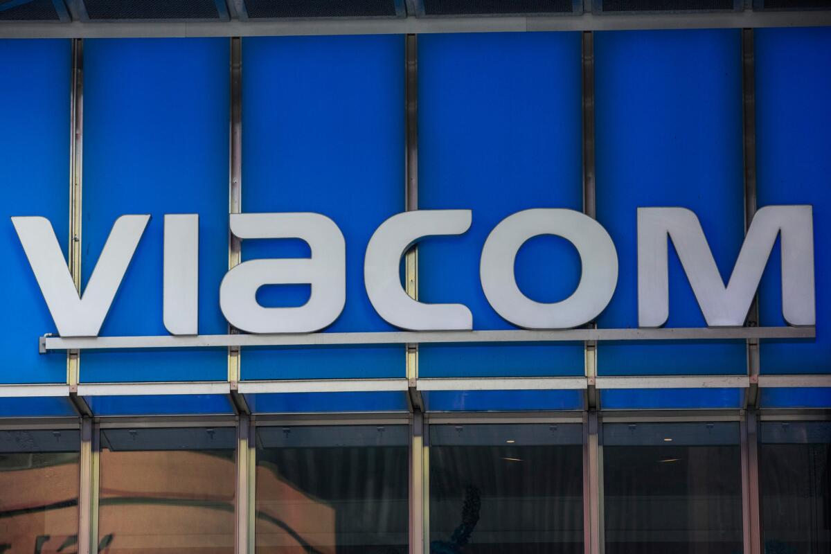 The offices of Viacom are seen in Times Square in New York City. Stock prices of media companies have dropped as consumers cut back on traditional media usage and turn to Internet-based entertainment.