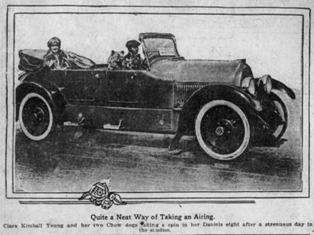 A 1920 newspaper photo shows a car with an actress and her dogs inside