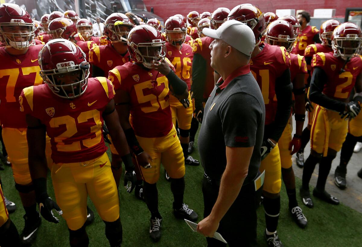 USC coach Clay Helton addresses his players during the 2019 season