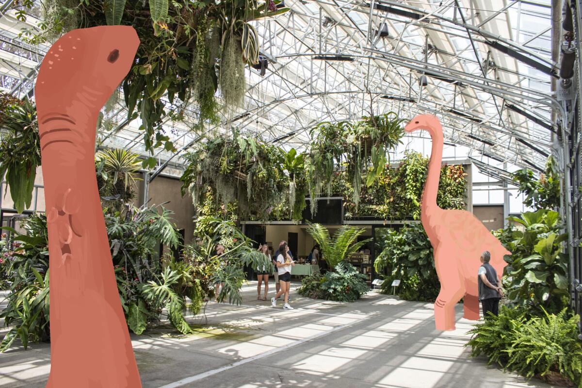 A large greenhouse interior filled with plants and two illustrated dinosaurs with long necks.