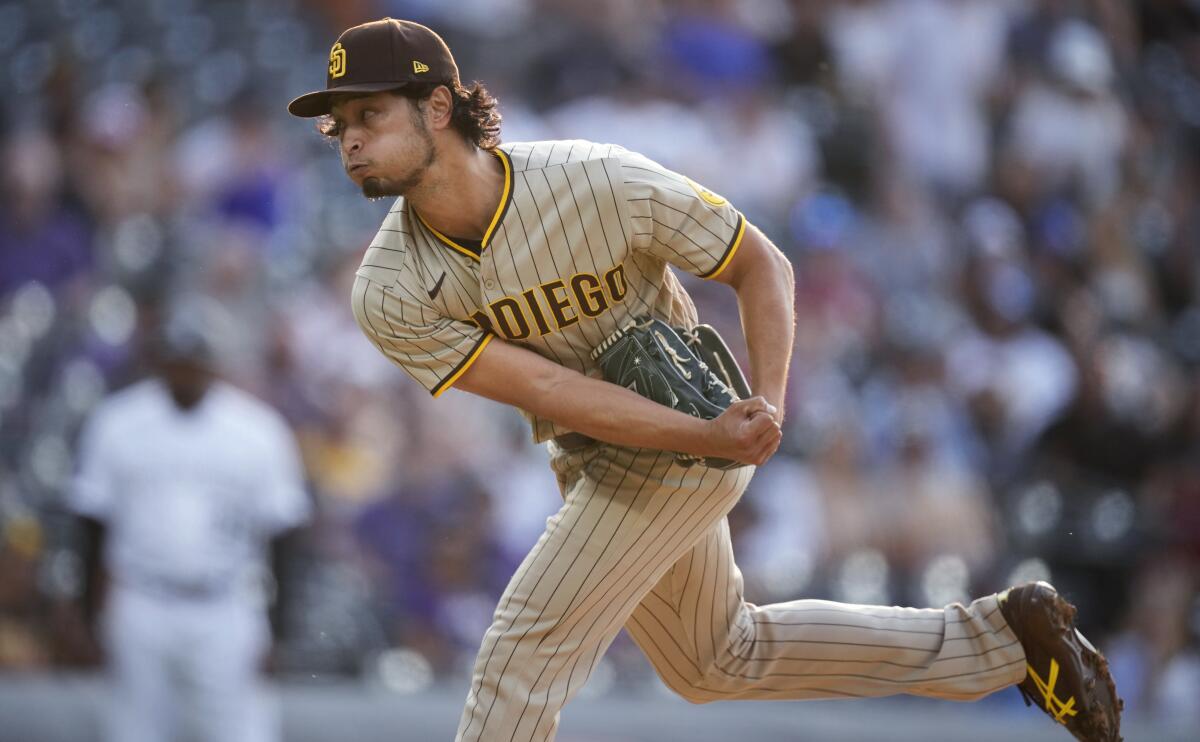 San Diego Padres starting pitcher Yu Darvish throws against the Colorado Rockies on June 15.