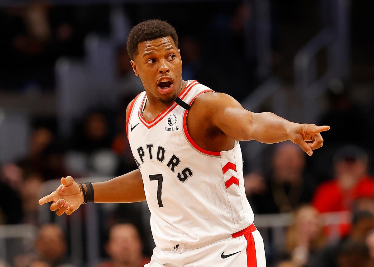 Toronto guard Kyle Lowry reacts after a play against the Hawks during a Jan. 20 game in Atlanta.
