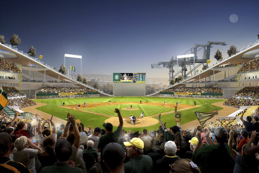 In this artists rendering provided by the Oakland Athletics is a home plate view of their proposed ballpark at Howard Terminal near Jack London Square in Oakland, Calif. The San Francisco Bay and Development Commission are to vote Thursday, June 30, 2022, on the Oakland Athletics' application to remove Howard Terminal's port designation. A vote in favor would clear the way for designation as a mixed-use development site. (Bjarke Ingels Group/Oakland Athletics via AP)