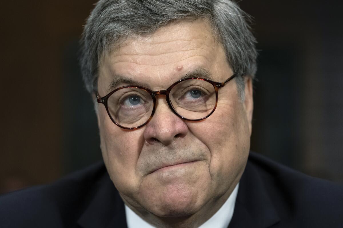 In this May 1, 2019 file photo, then Atty. Gen. William Barr appears before the Senate Judiciary Committee.