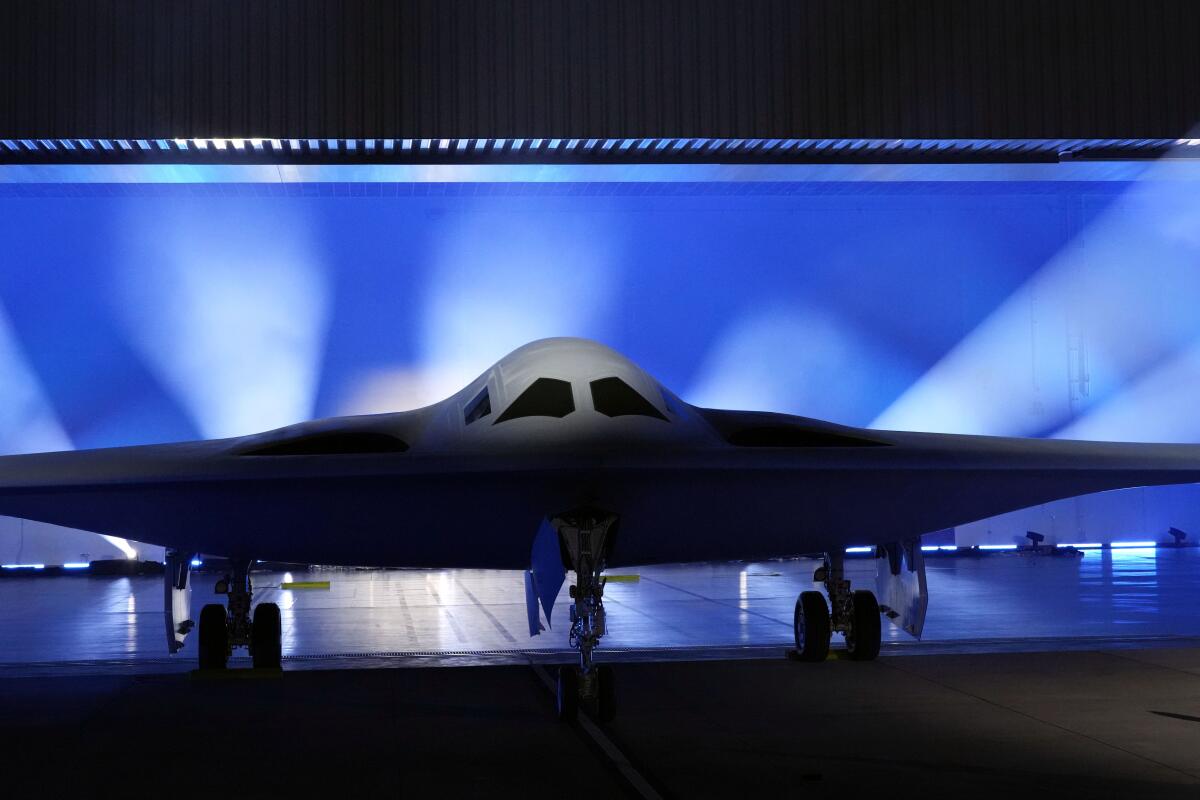 The B-21 Raider stealth bomber is unveiled at Northrop Grumman Friday in Palmdale. 