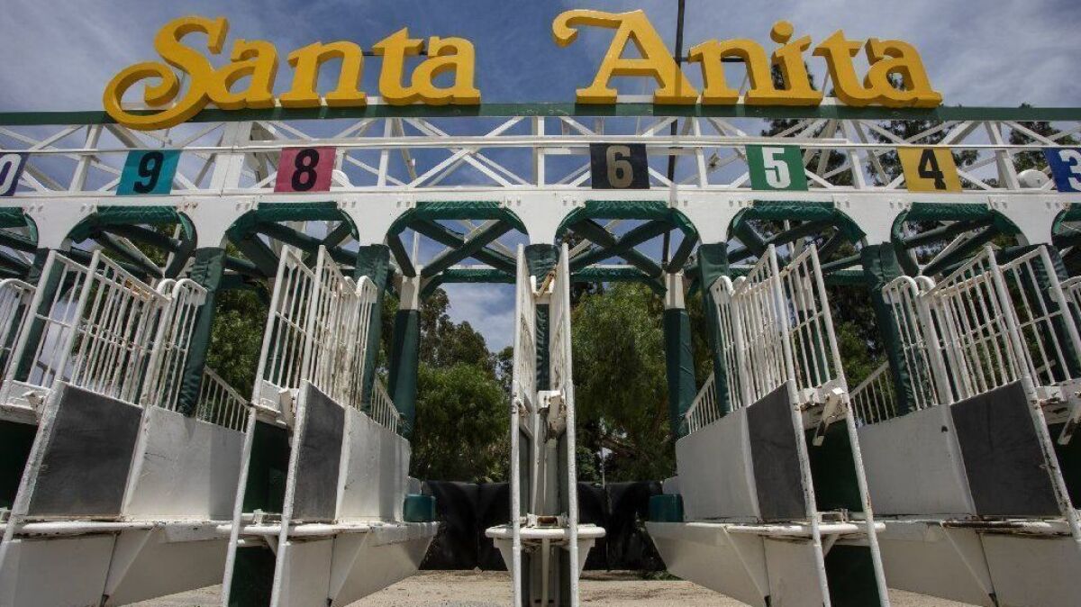 The starting gates at Santa Anita Park, seen on June 11, 2019, in Arcadia.