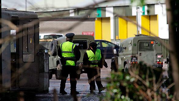 A view inside the British army base in the county of Antrim in Northern Ireland, where a Saturday night attack killed two soldiers and injured four other people.