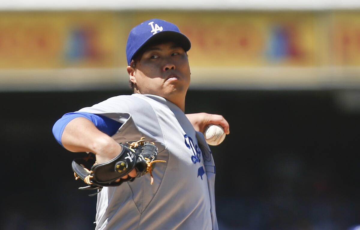 Left-hander Hyun-Jin Ryu will undergo an MRI exam on Monday after suffering an irritated left shoulder and leaving the Dodgers' 9-0 loss Friday to the Giants in the first inning.