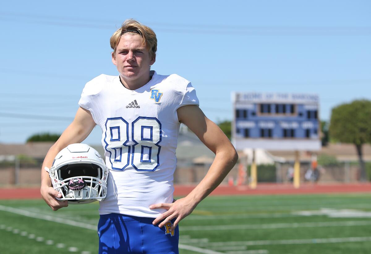 Fountain Valley senior Blake Anderson has 32 receptions in the first five games, has scored eight touchdowns, and his 590 yards are third-best in Orange County.