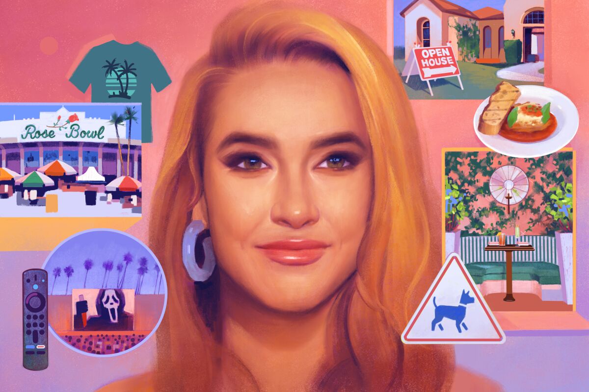 digital painting of Chrishell Stause with an open house sign, pasta, her dog, the Rose Bowl flea, Cinespia, Cabana Cafe