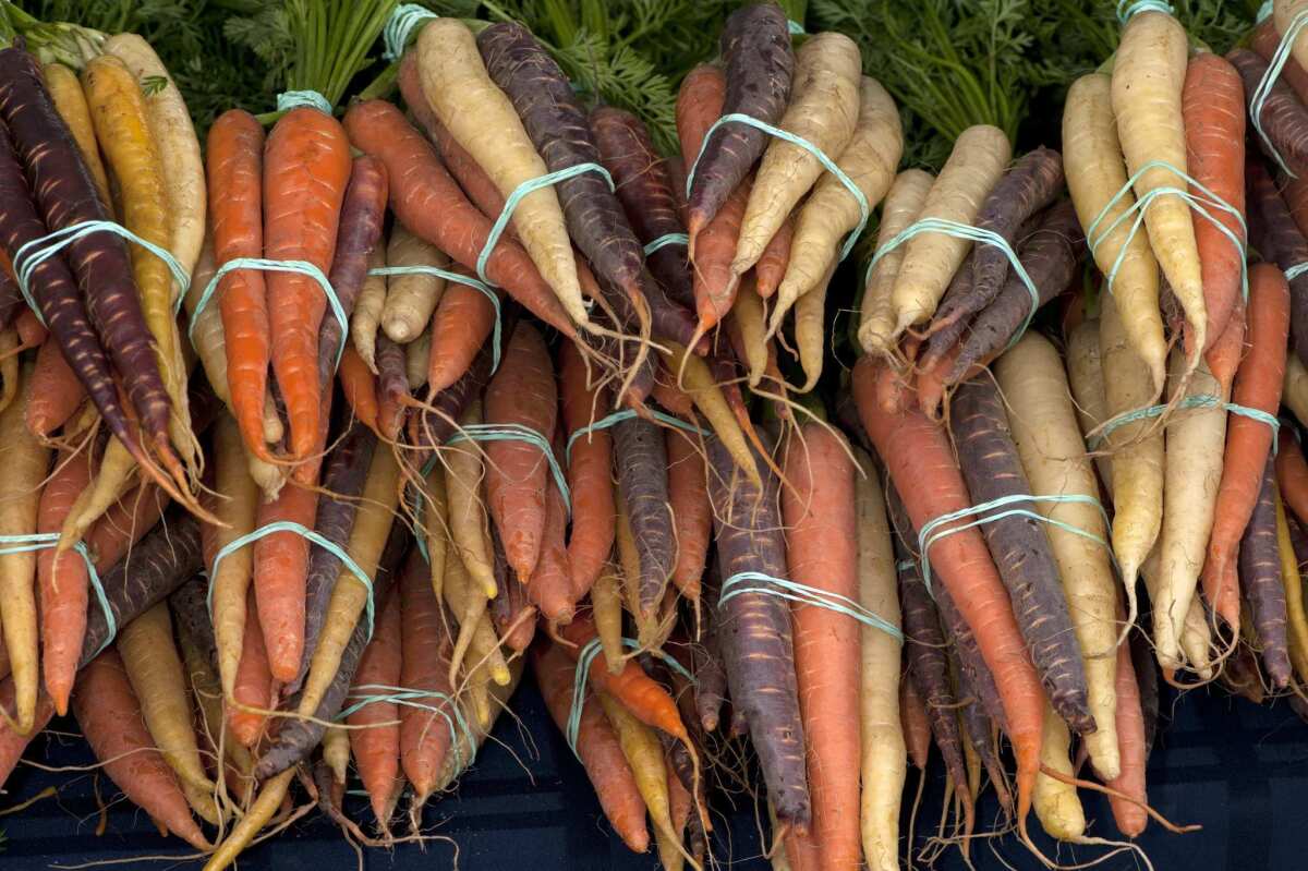 An assortment of carrots grown in the Imperial Valley at the Brentwood Farmers Market in 2012.