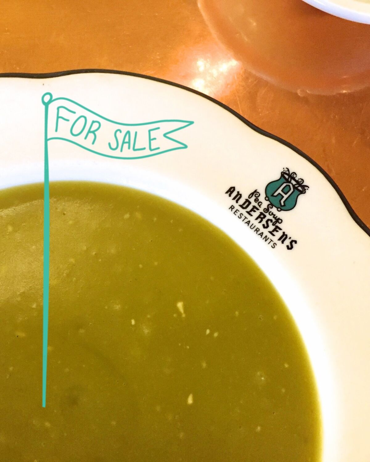 Pea Soup Andersen's pea soup with tiny illustrated "For Sale" sign