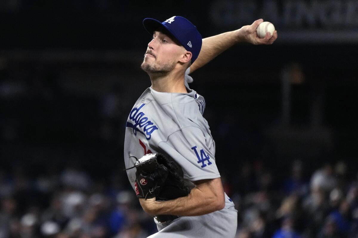 Dodgers pitcher Michael Grove delivers against the Chicago Cubs on April 20.