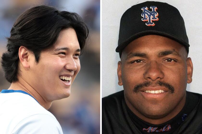 Left, Dodgers Shohei Ohtani warms-up before a game. Right, 1999 image of New York Mets slugger Bobby Bonilla.