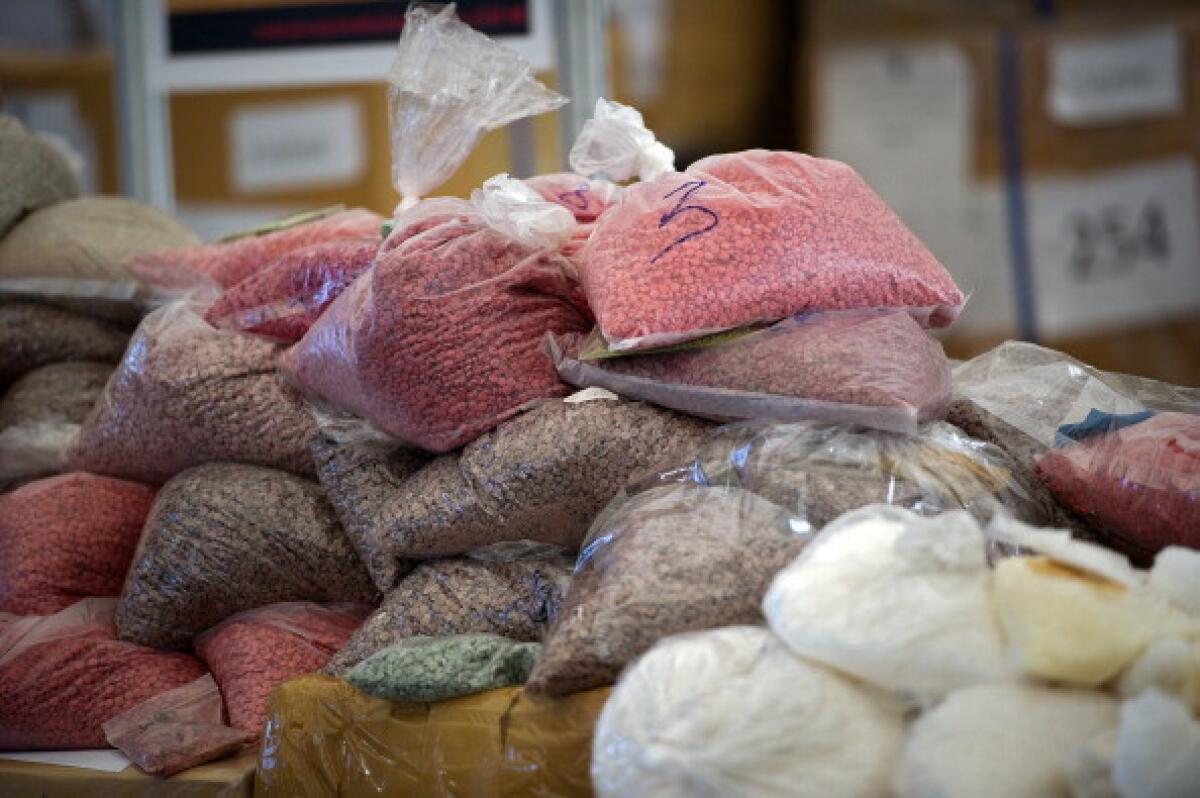 Bags of methamphetamine pills seized by the Thai narcotic police department are seen on display before being incinerated in Ayutthaya on September 17, 2011. Yingluck Shinawatra has announced the government will begin an urgent anti-drugs campaign.