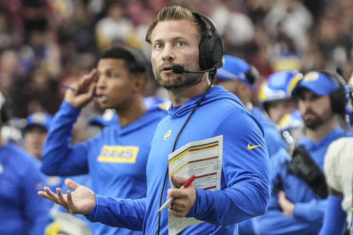 Rams coach Sean McVay reacts on the sideline during the first half against the Arizona Cardinals.