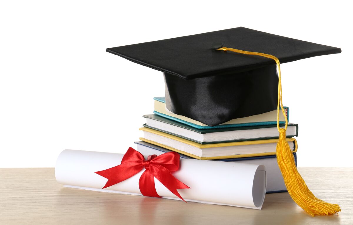 graduation cap, diploma, books