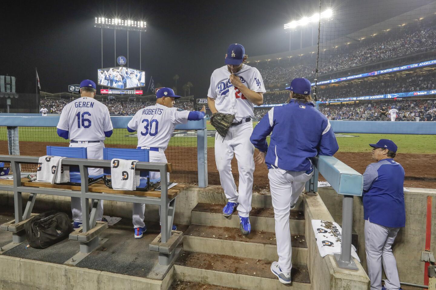 Dodgers Clayton Kershaw enters the dugout after pitching seven innings.