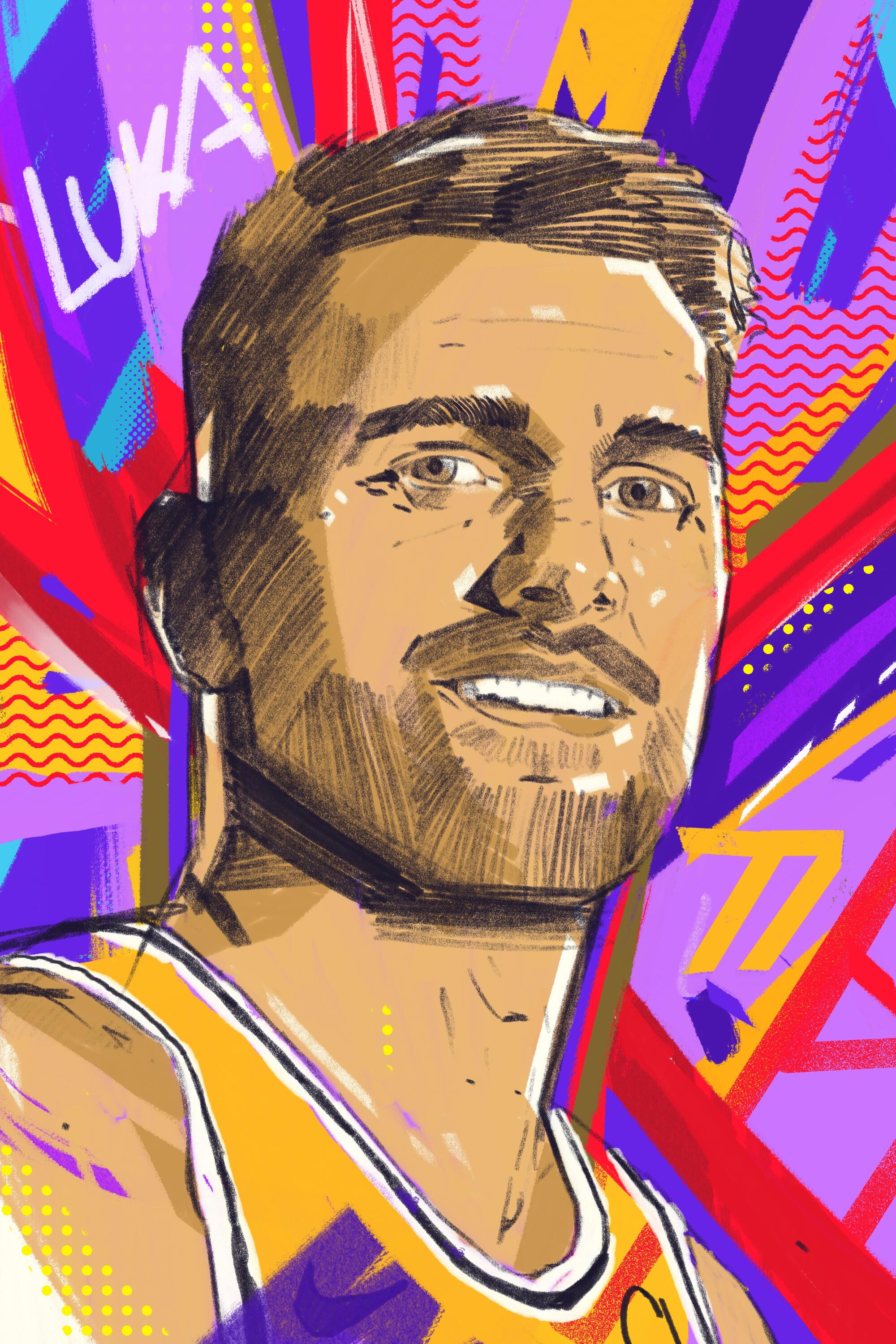 Illustration of Lakers superstar Luka Doncic, by artist Arunas Kacinskas