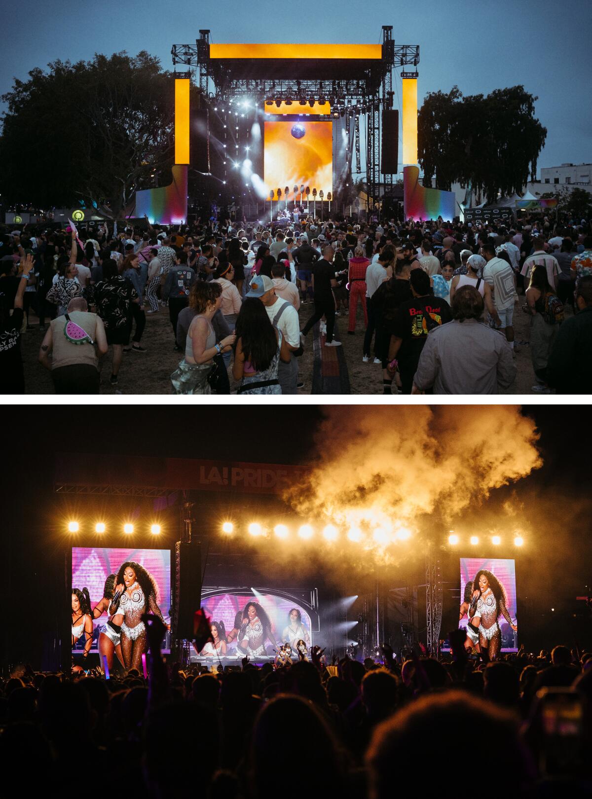 Two photos: One is the stage at Weho Pride, the other is of the stage at LA Pride in the Park.