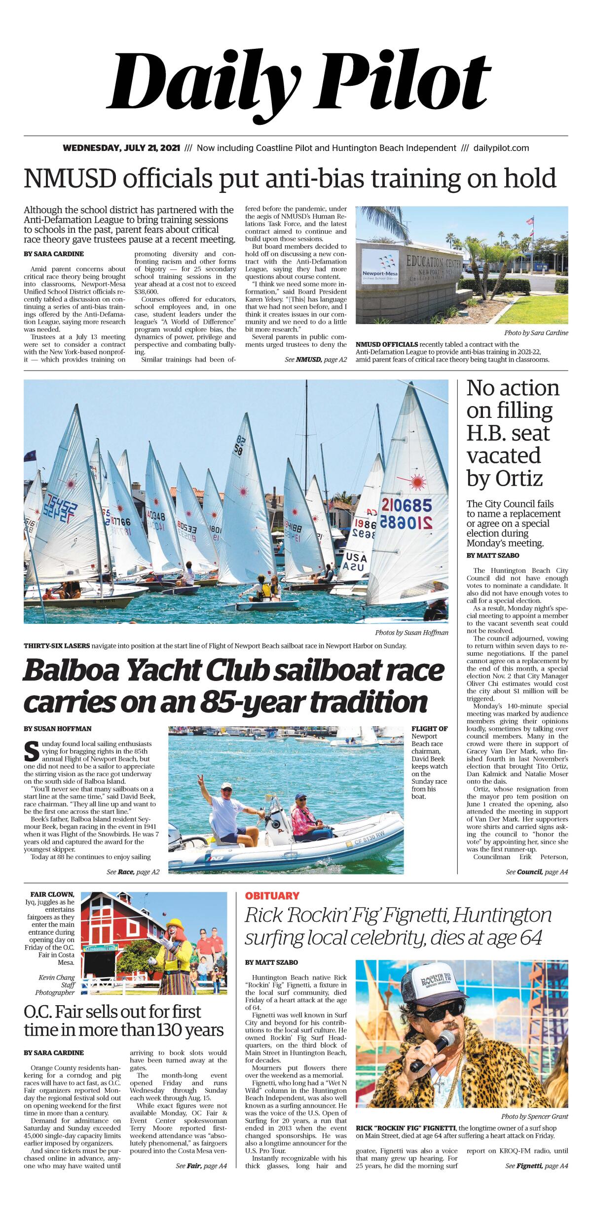 Front page of Daily Pilot e-newspaper for Wednesday, July 21, 2021.