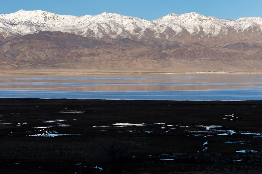 Lone Pine, CA - February 13: The snow-capped Inyo Mountains and Owens Lake on Tuesday, Feb. 13, 2024 in Lone Pine, CA. (Brian van der Brug / Los Angeles Times)