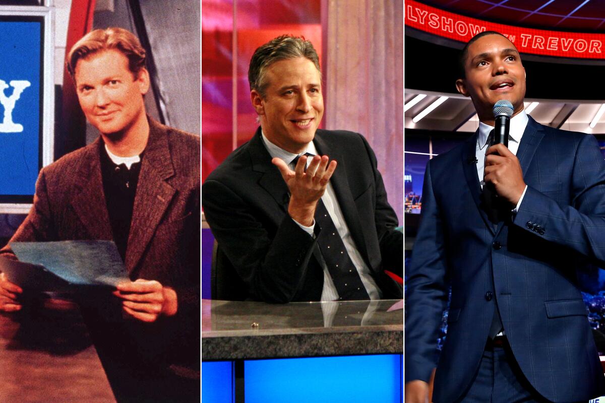 A triptych of the three hosts in "Daily Show" history: Craig Kilborn, Jon Stewart and Trevor Noah