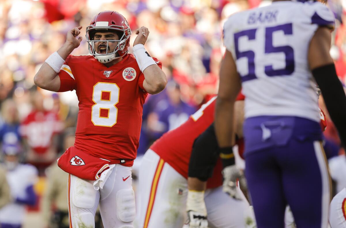 Kansas City Chiefs quarterback Matt Moore signals a play to the offense during a game against the Minnesota Vikings on Nov. 3 at Arrowhead Stadium.