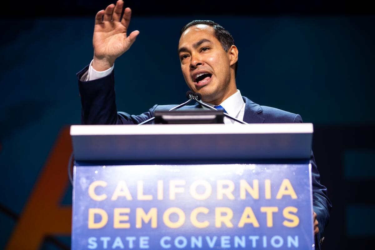 Former U.S. Secretary of Housing and Urban Development Julian Castro addresses the 2019 California Democratic Party convention on final day at Moscone Center on June 2 in San Francisco.