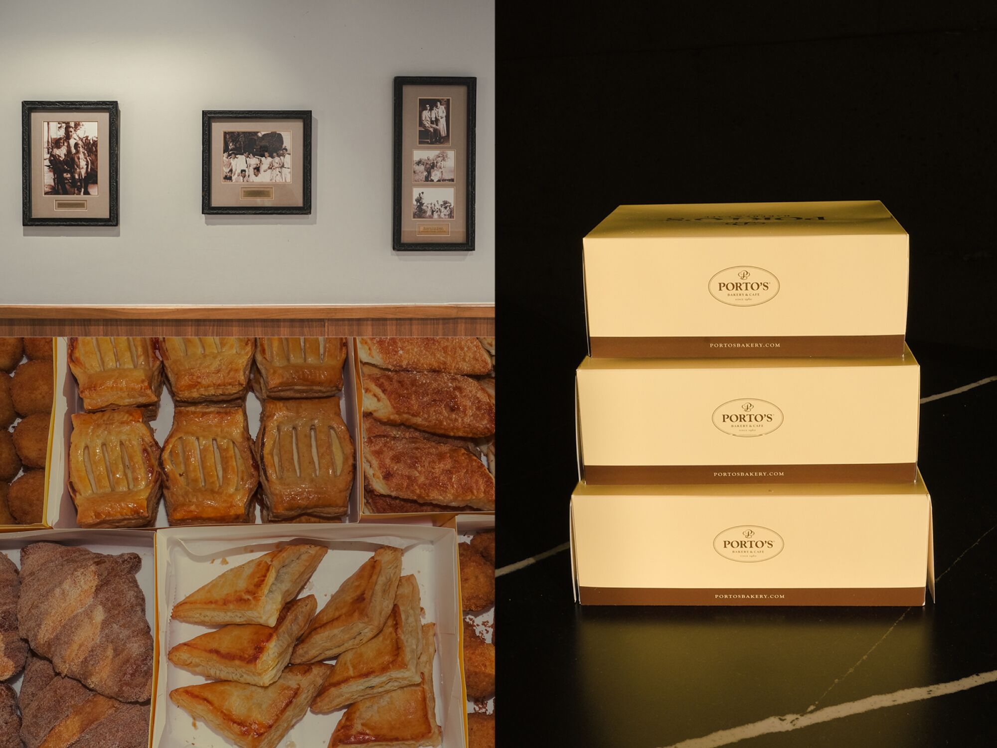 Historical images framed on a wall over a bakery case filled with pastries; a stack of three Porto's boxes.
