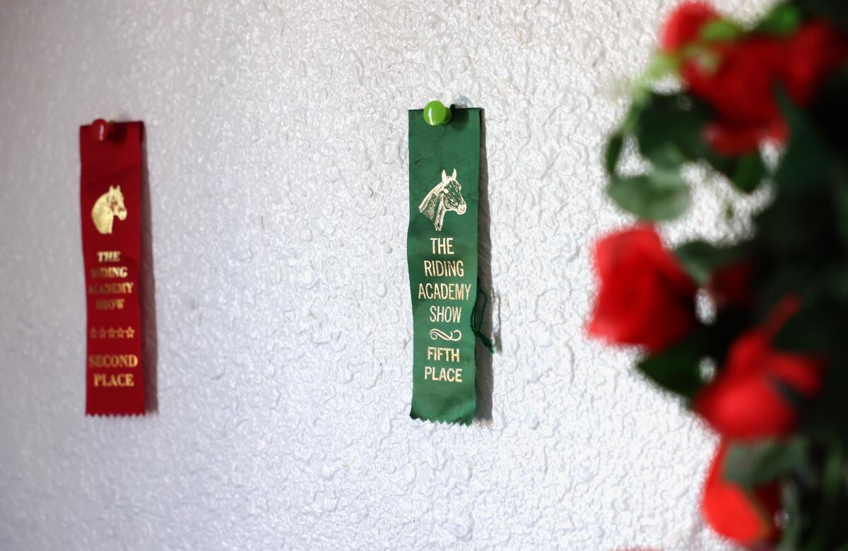 Award ribbons hang on a bedroom wall