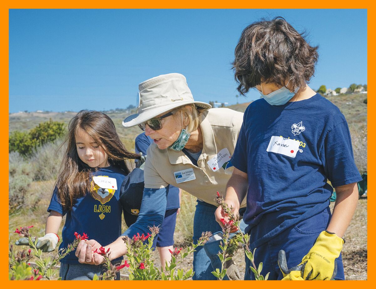 A woman holds a red flower for two children to see.