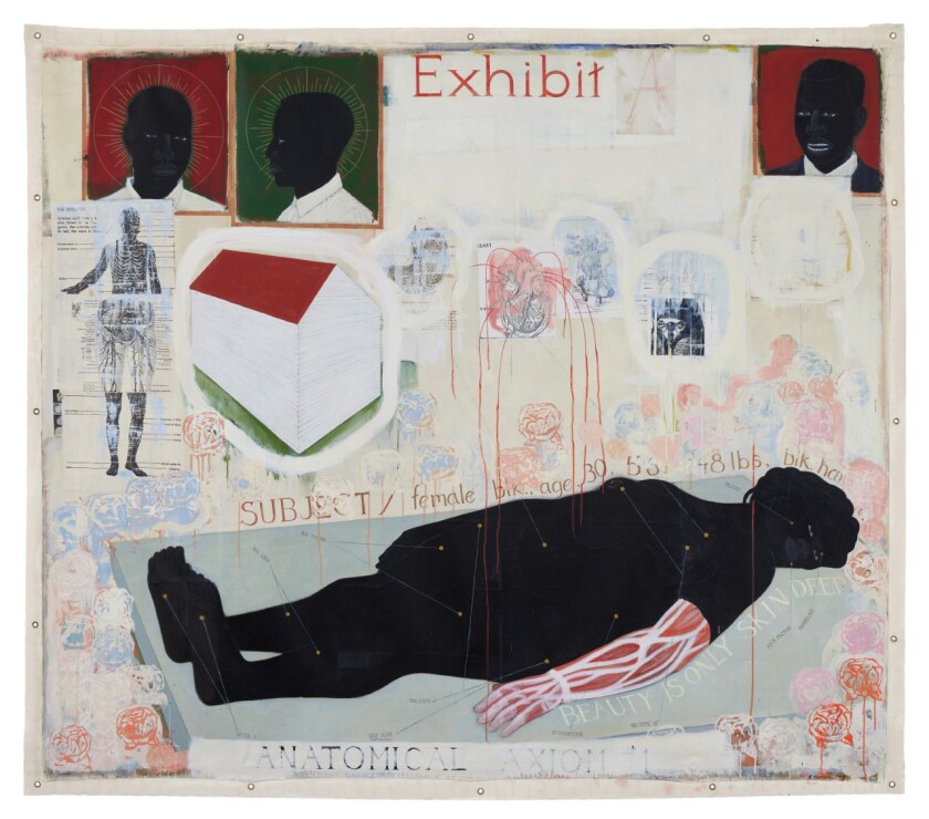 A painting with a body prostrate on the floor with sketchings above it