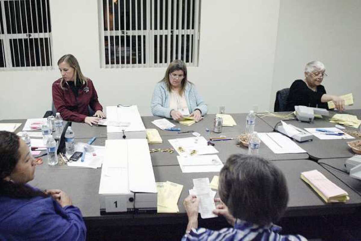 Susan Domen, from top left (clockwise), Laura Brouillard and Micaela Pierce canvas ballots during election night, which took place at Burbank City Hall on Tuesday, April 9, 2013.