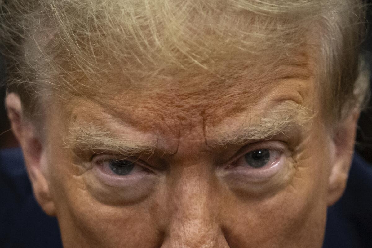 A tight close-up of former President Trump's face
