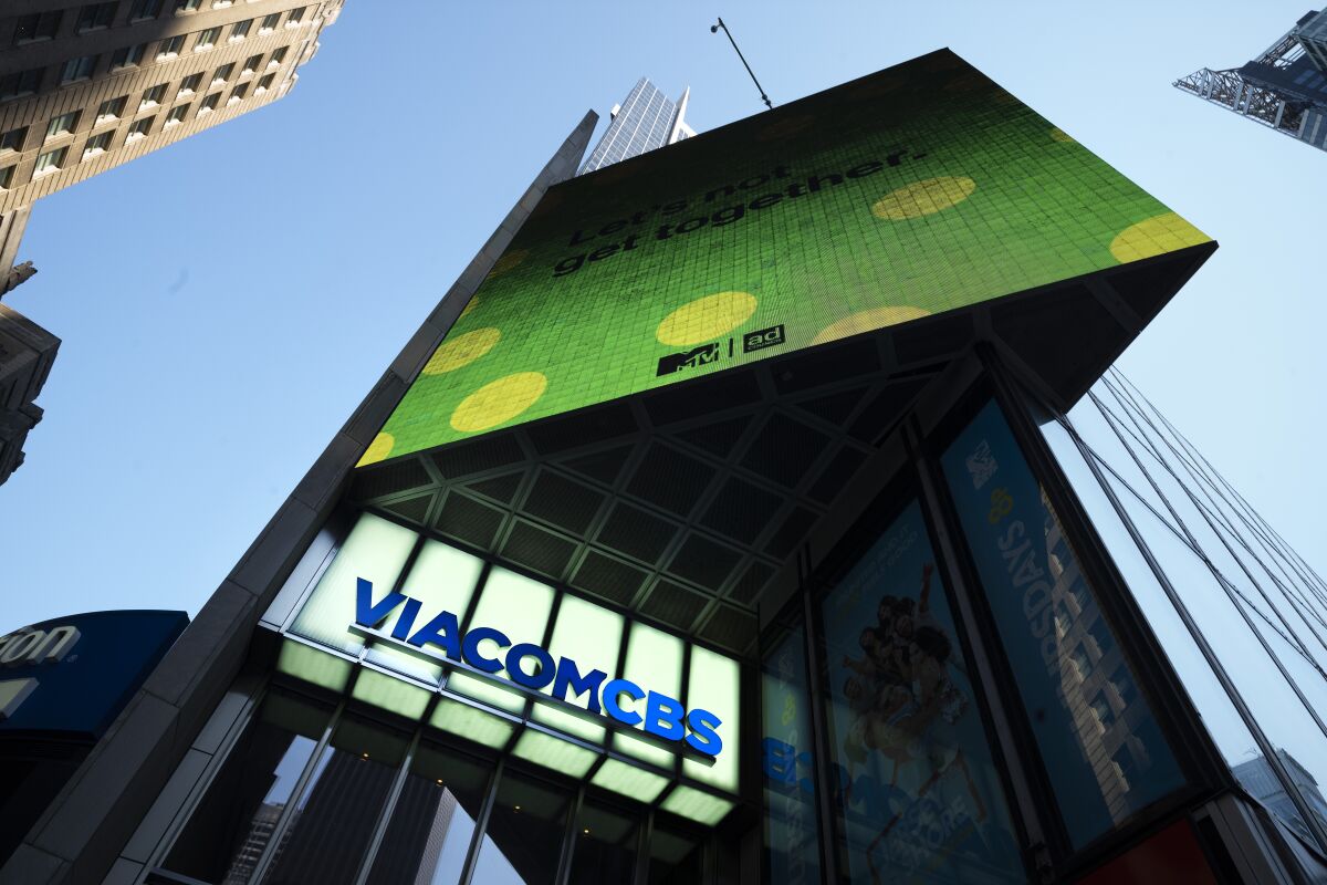 FILE - In this Aug. 5, 2020 file photo, the ViacomCBS headquarters is shown in New York's Times Square. ViacomCBS will rebrand its CBS All Access streaming service as Paramount Plus, set to debut early next year with new original shows. The exact launch date and pricing haven't been disclosed.(AP Photo/Mark Lennihan, File)