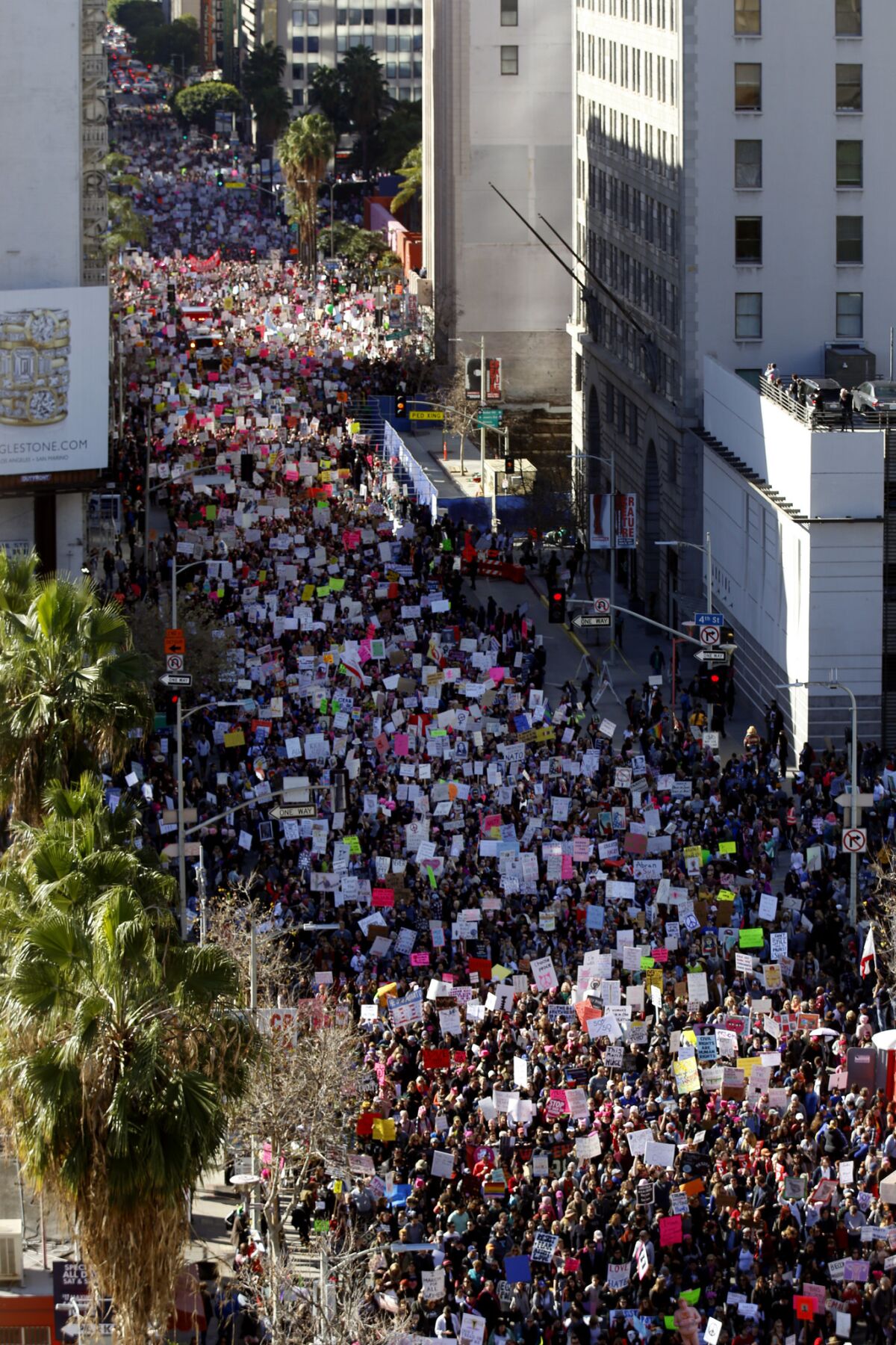 A massive crowd makes its way from Pershing Square during Saturday's Women's March Los Angeles.