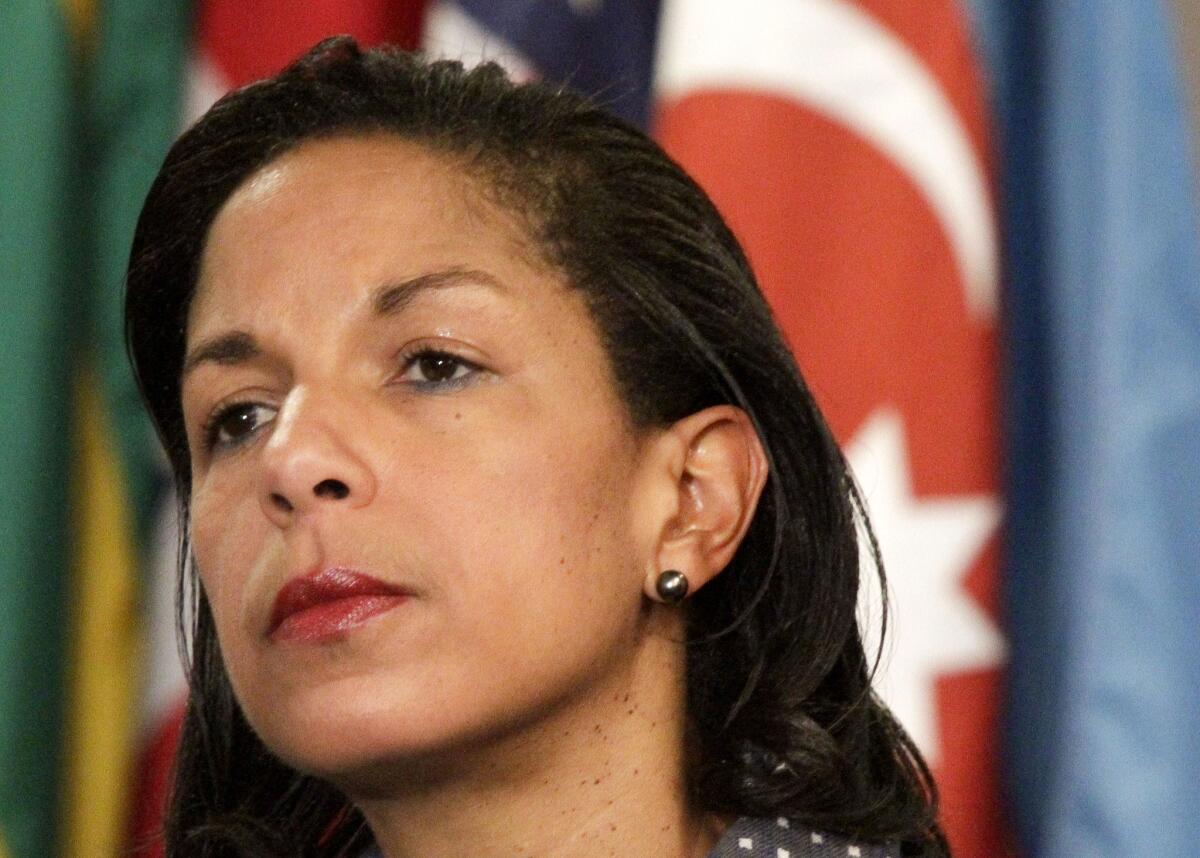 U.S. Ambassador to the U.N. Susan Rice, seen earlier this year, was defended strongly by President Obama Wednesday against Republican criticisms.