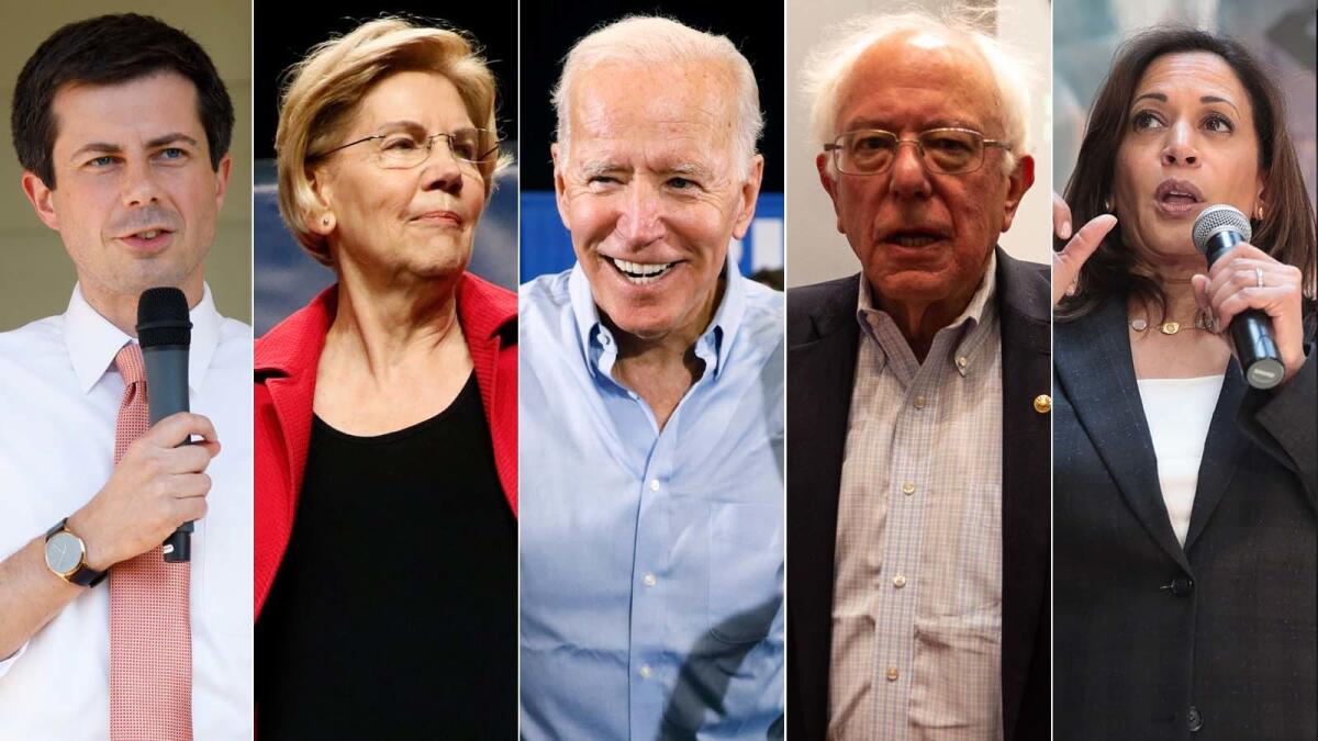 From left, 2020 candidates Pete Buttigieg, Elizabeth Warren, Joe Biden, Bernie Sanders and Kamala Harris each received at least 10% support in a new poll of likely Democratic California voters.