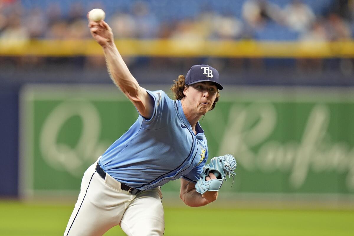 Rays starting pitcher Ryan Pepiot struck out seven over six innings of Thursday's game against the Angels.