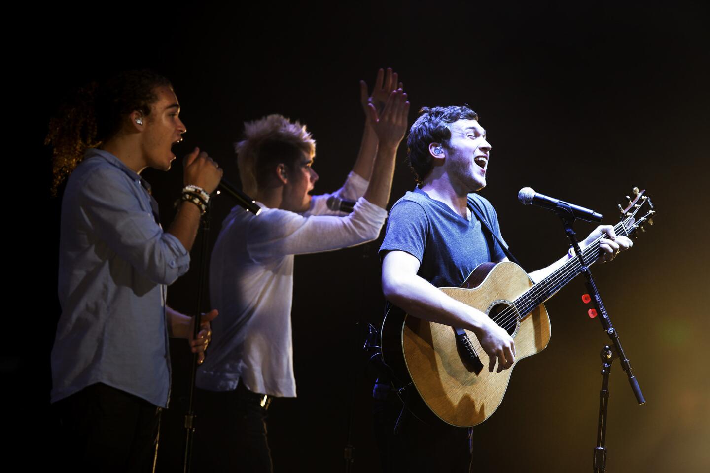 Deandre Brackensick, from left, Colton Dixon and Phillip Phillips were part of the Idols Live performers at Nokia Theatre. Phillips is "American Idol's" 11th-season winner.