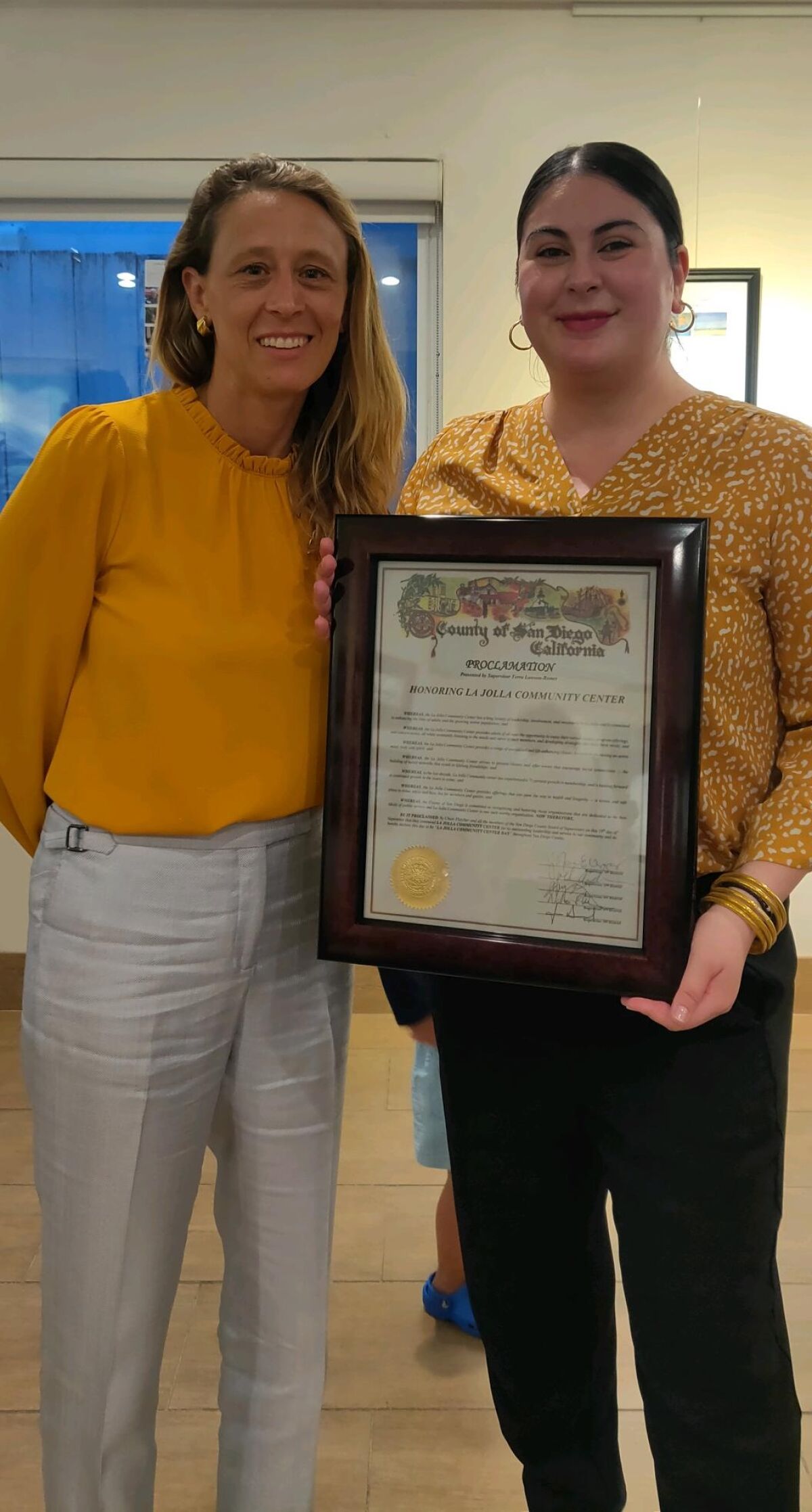 San Diego County Supervisor Terra Lawson-Remer and La Jolla Community Center Executive Director Nancy Walters