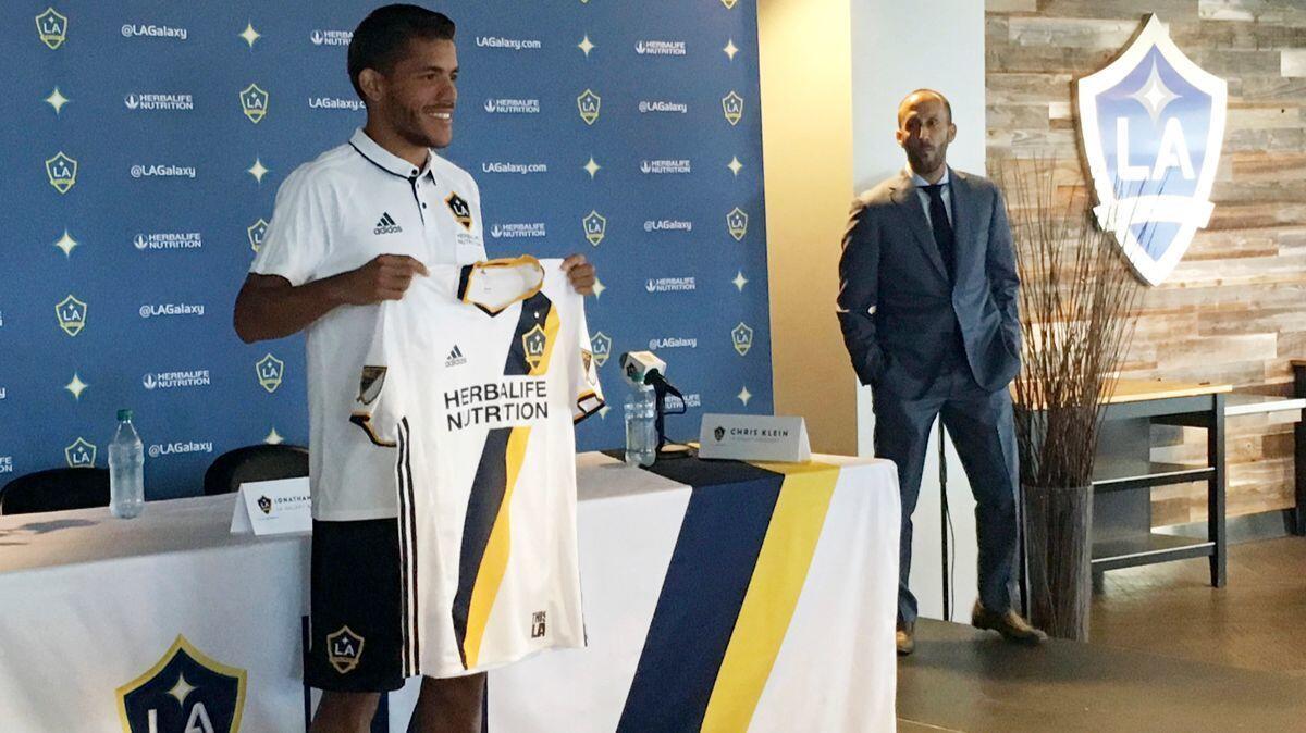 The Galaxy's Jonathan dos Santos, shown at a news conference on July 28, transferred from a team in Spain, where he had played since 2014.