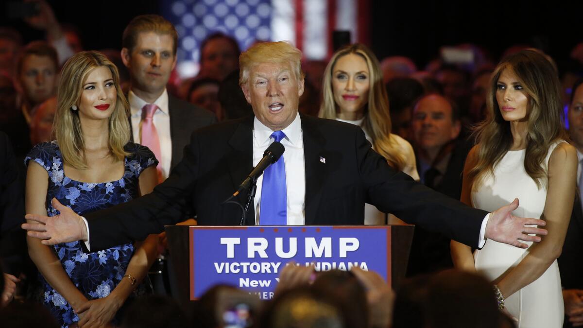 Republican presidential candidate Donald Trump speaks to supporters and the media at Trump Tower in Manhattan following his victory in the Indiana primary on Tuesday.